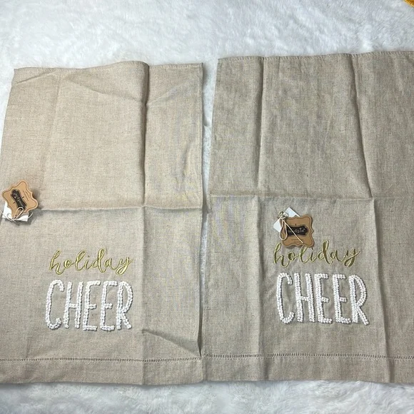 MUDPIE Set 2 Holiday Hand Towels NEW Linen Embroidery FrenchKnot Cheer Christmas - Picture 11 of 13